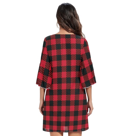 Black Red Buffalo Check Plaid V-Neck Bell Sleeve Sweet & Cute Shift Mini Dress - Picture 4 of 6